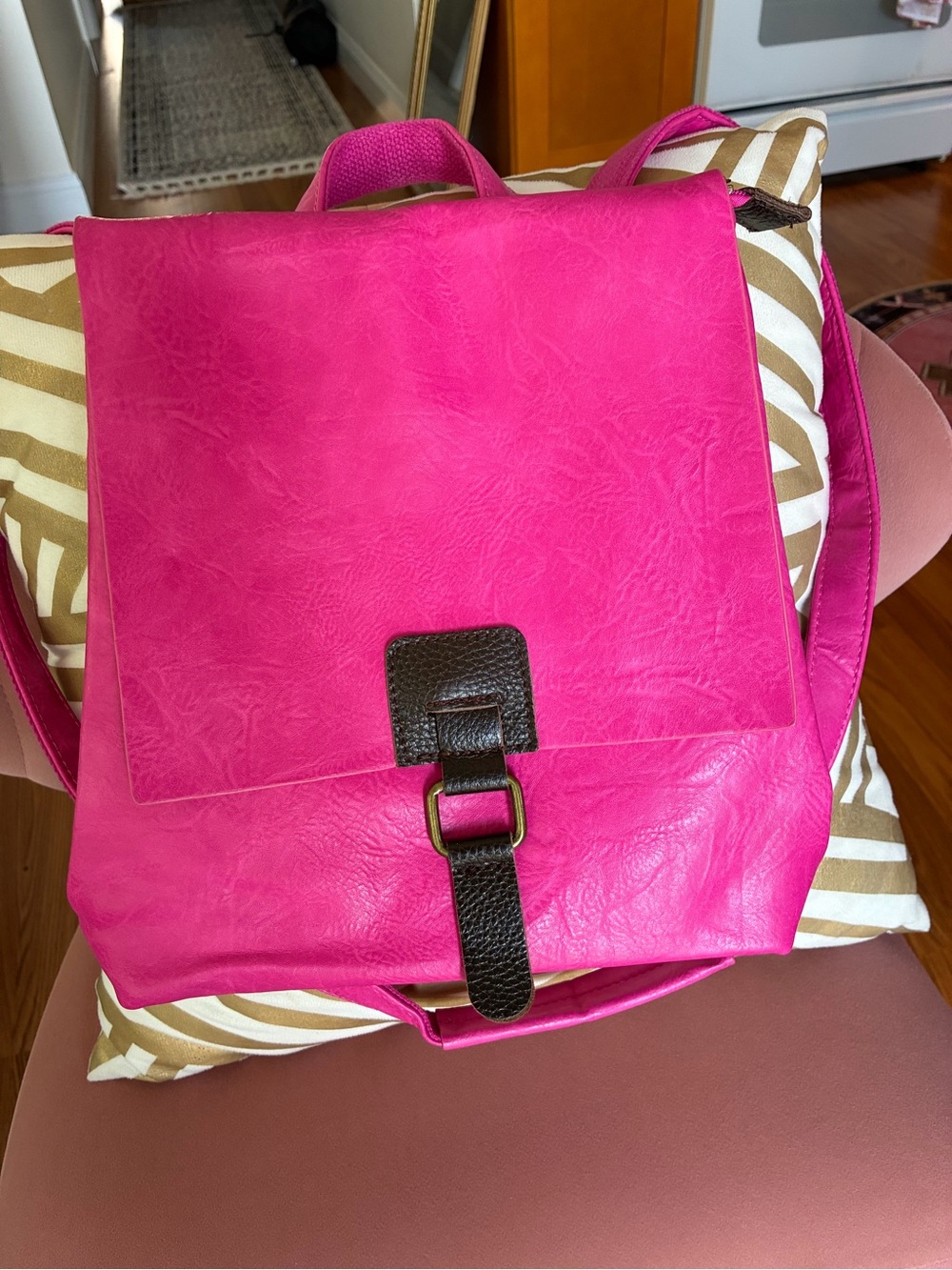 Bright Pink Women's Faux-Leather Backpack with Dark Brown Accent